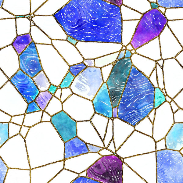 A mosaic pattern with irregular, interconnected shapes in shades of blue, purple, and teal, outlined in gold lines on a white background.