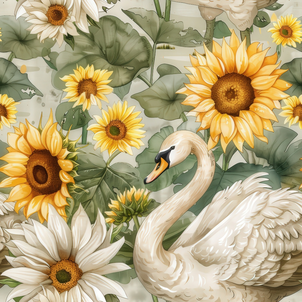 Illustration of a swan surrounded by large yellow sunflowers and green leaves, set against a light background.