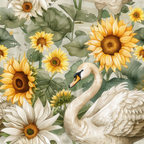 Illustration of a swan surrounded by large yellow sunflowers and green leaves, set against a light background.