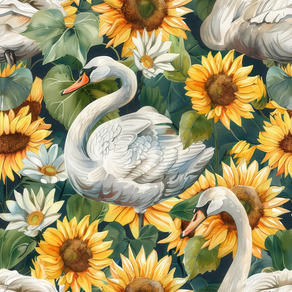Illustration of swans surrounded by sunflowers, daisies, and green leaves.