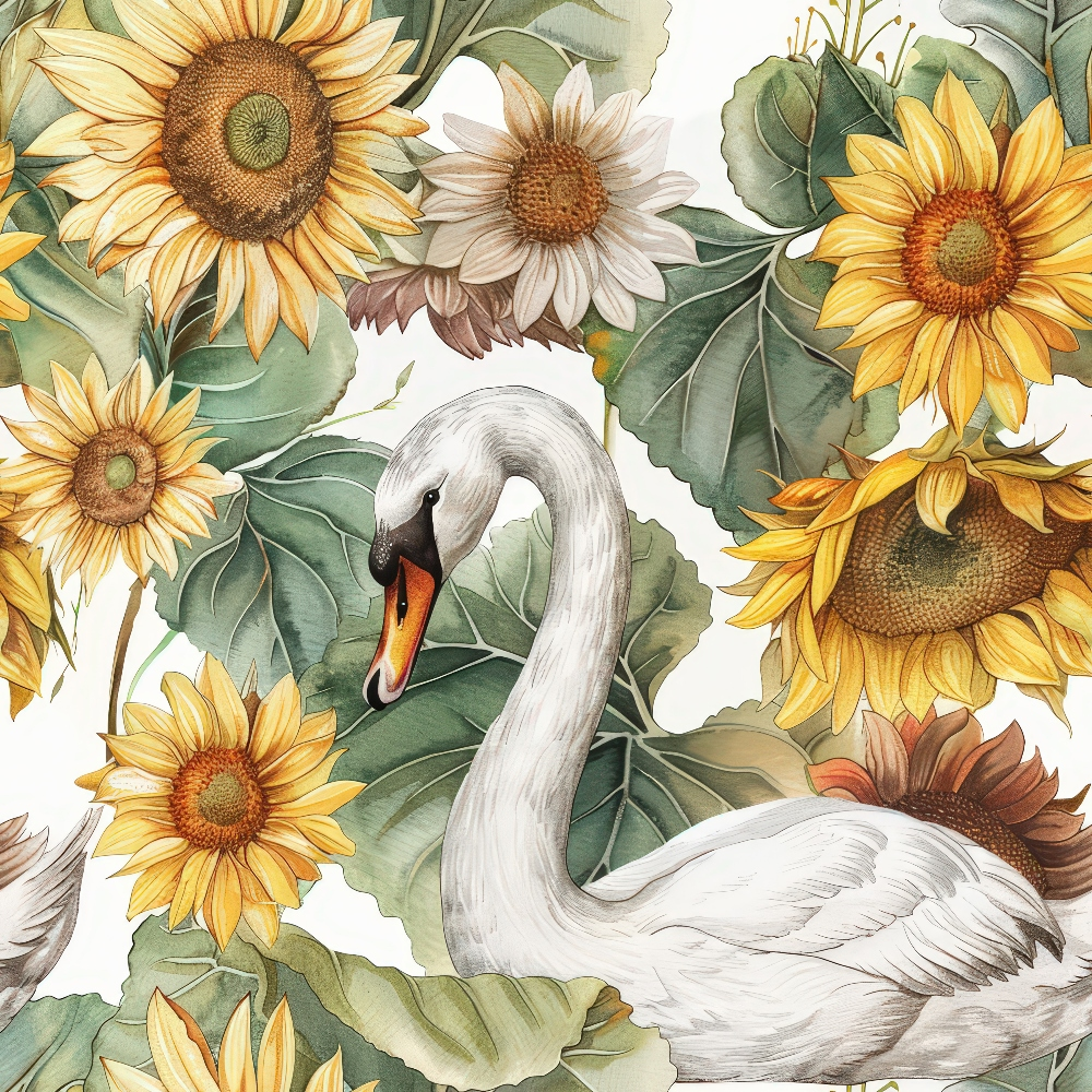A swan surrounded by sunflowers and large green leaves, depicted in a detailed, illustrated style.