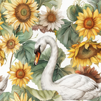 A swan surrounded by sunflowers and large green leaves, depicted in a detailed, illustrated style.