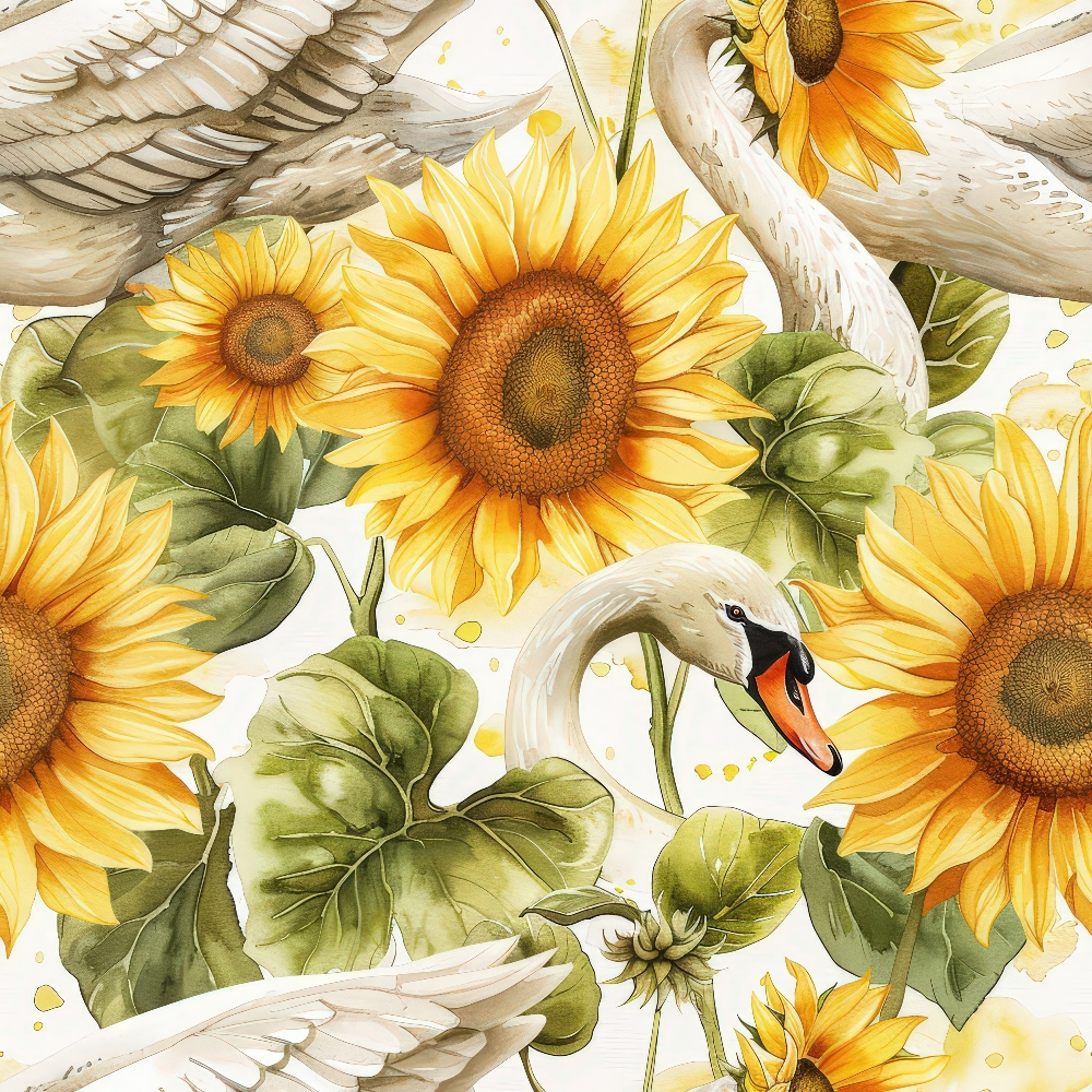 Illustration of white swans and large sunflowers with green leaves on a white background.