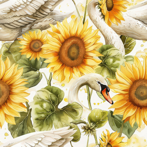 Illustration of white swans and large sunflowers with green leaves on a white background.