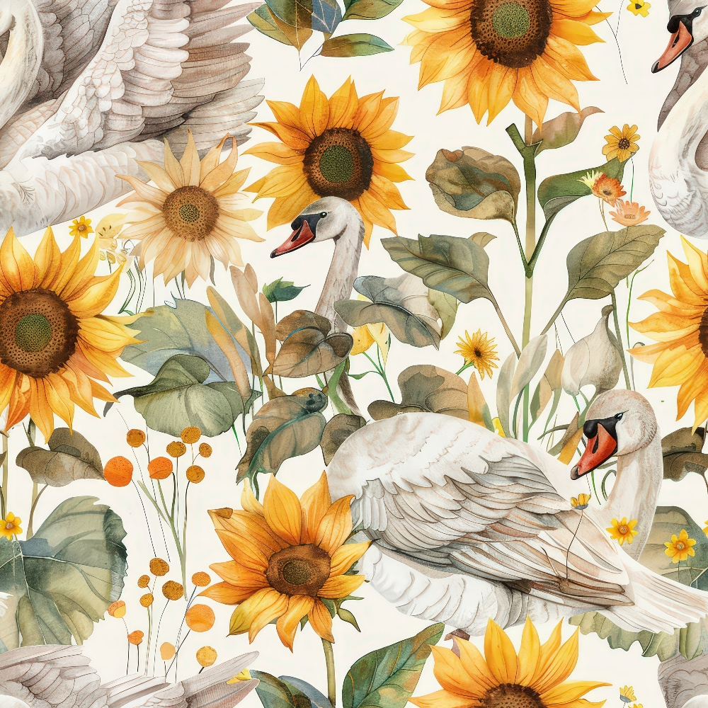 Illustration of swans among sunflowers and green leaves on a light background.