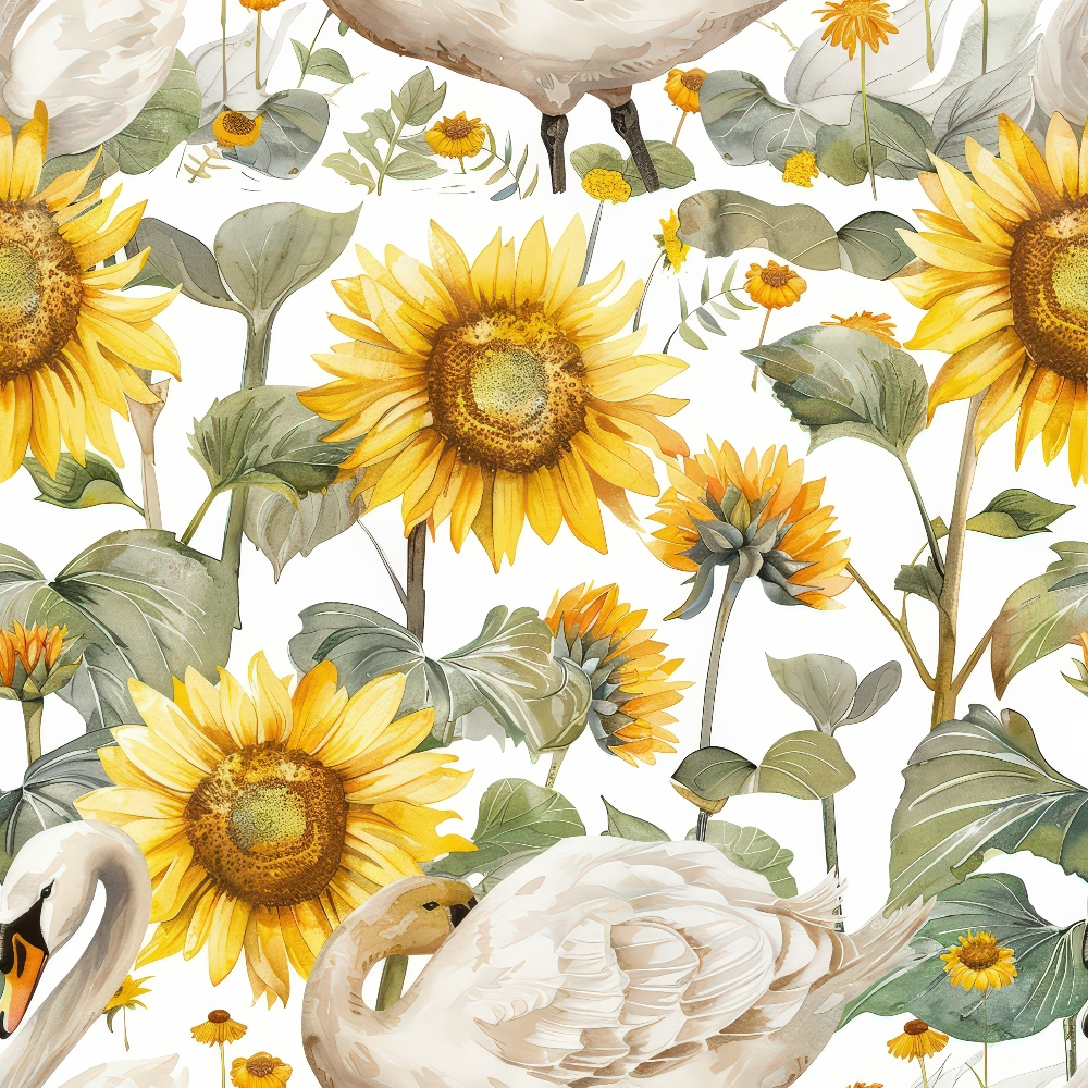 Pattern featuring sunflowers, swans, and green leaves against a white background.