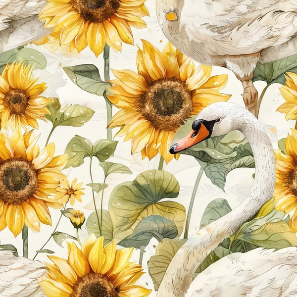 Illustration of a swan surrounded by large sunflowers and green leaves against a light background.