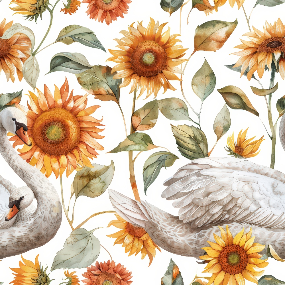 Swans and sunflowers are artistically arranged with green leaves on a white background, creating a harmonious nature-inspired pattern.