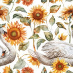 Swans and sunflowers are artistically arranged with green leaves on a white background, creating a harmonious nature-inspired pattern.