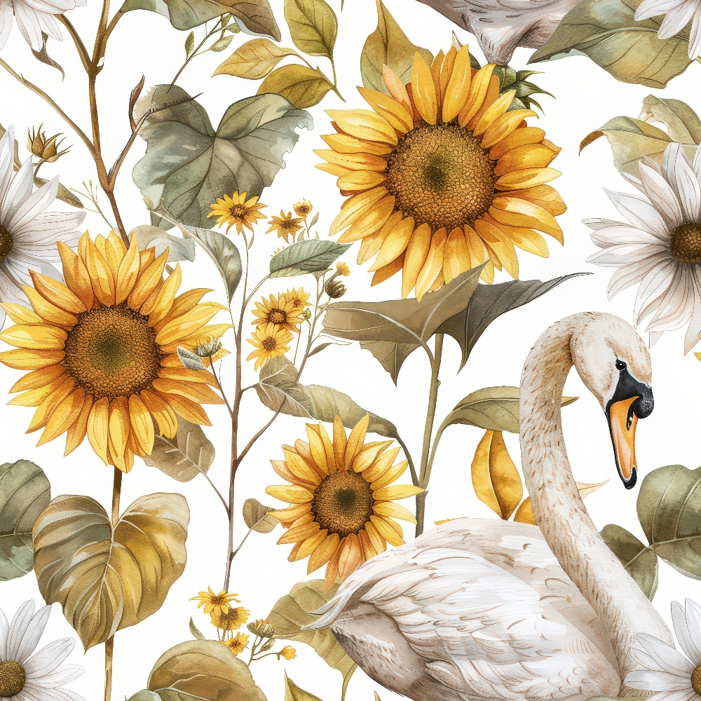 Illustration of a white swan surrounded by sunflowers and green leaves on a white background.