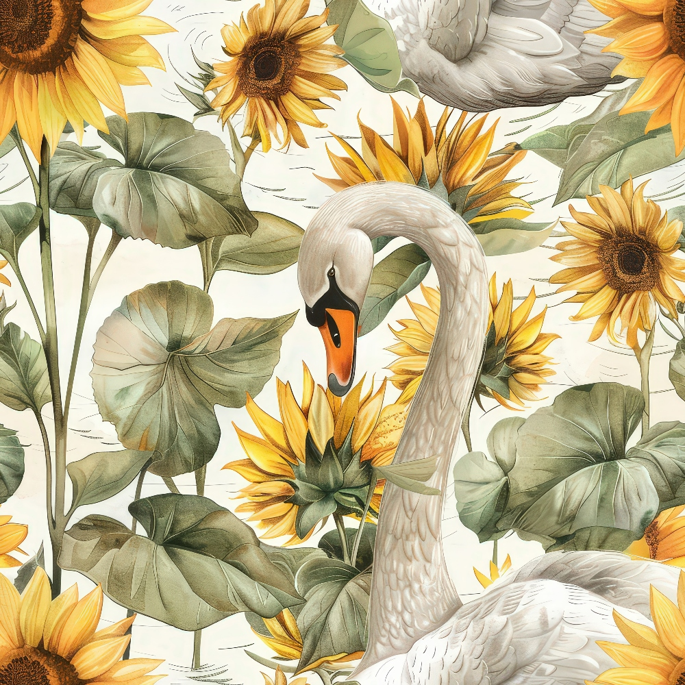 Illustration of a swan among large yellow sunflowers and green lily pads on a light background.