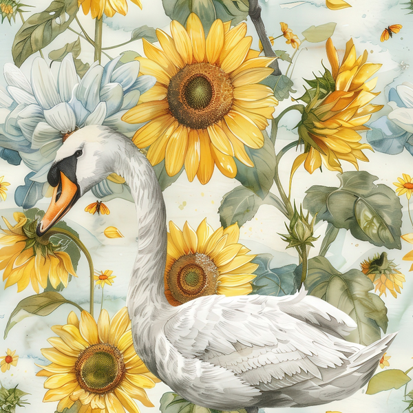 Illustration of a white swan surrounded by large sunflowers and green leaves. A few bees and small blue flowers are visible.