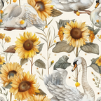 Pattern of swans and sunflowers with detailed foliage on a light background.