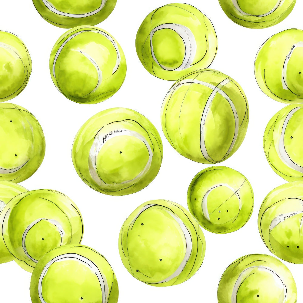 Pattern of green tennis balls with white seams on a white background.
