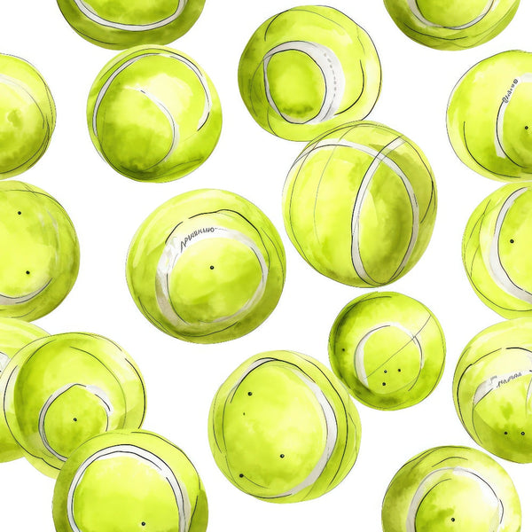 Pattern of green tennis balls with white seams on a white background.