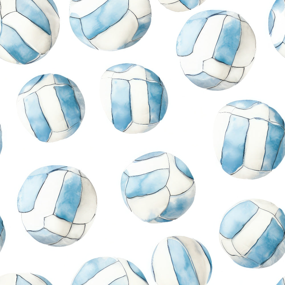Pattern of watercolor soccer balls with blue and white patches on a white background.