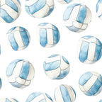 Pattern of watercolor soccer balls with blue and white patches on a white background.