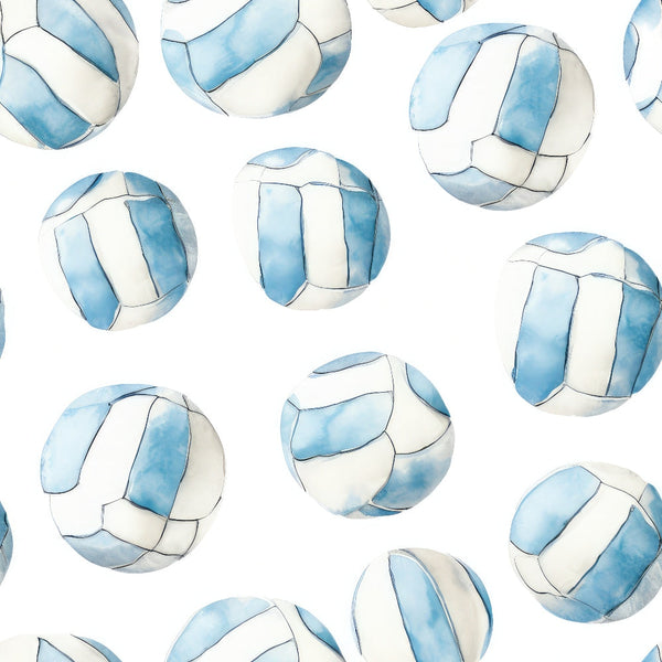 Pattern of watercolor soccer balls with blue and white patches on a white background.