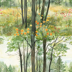 Watercolor Woodland Scene 1 Fabric, forest, trees, flowers, wildflowers, greenery, orange, yellow, red, green, natural, scenic, landscape, quilting, cotton, fabric, nature-inspired, floral, botanical, soft texture, artistic, premium, yardage
