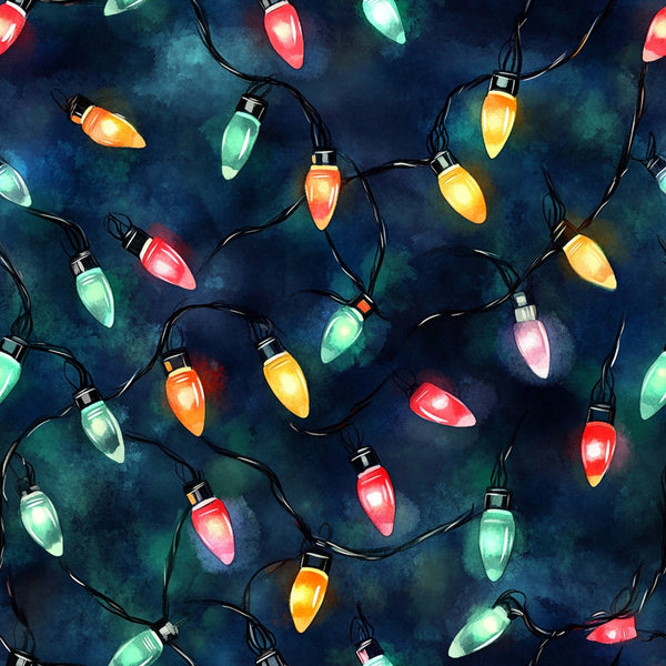 watercolor, christmas lights, holiday pattern, festive bulbs, navy blue background, red lights, green lights, yellow lights, orange lights, purple lights, black wire, string lights,, fabric panel, winter theme, holiday decor, colorful bulbs, seasonal design, christmas fabric, decorative lights