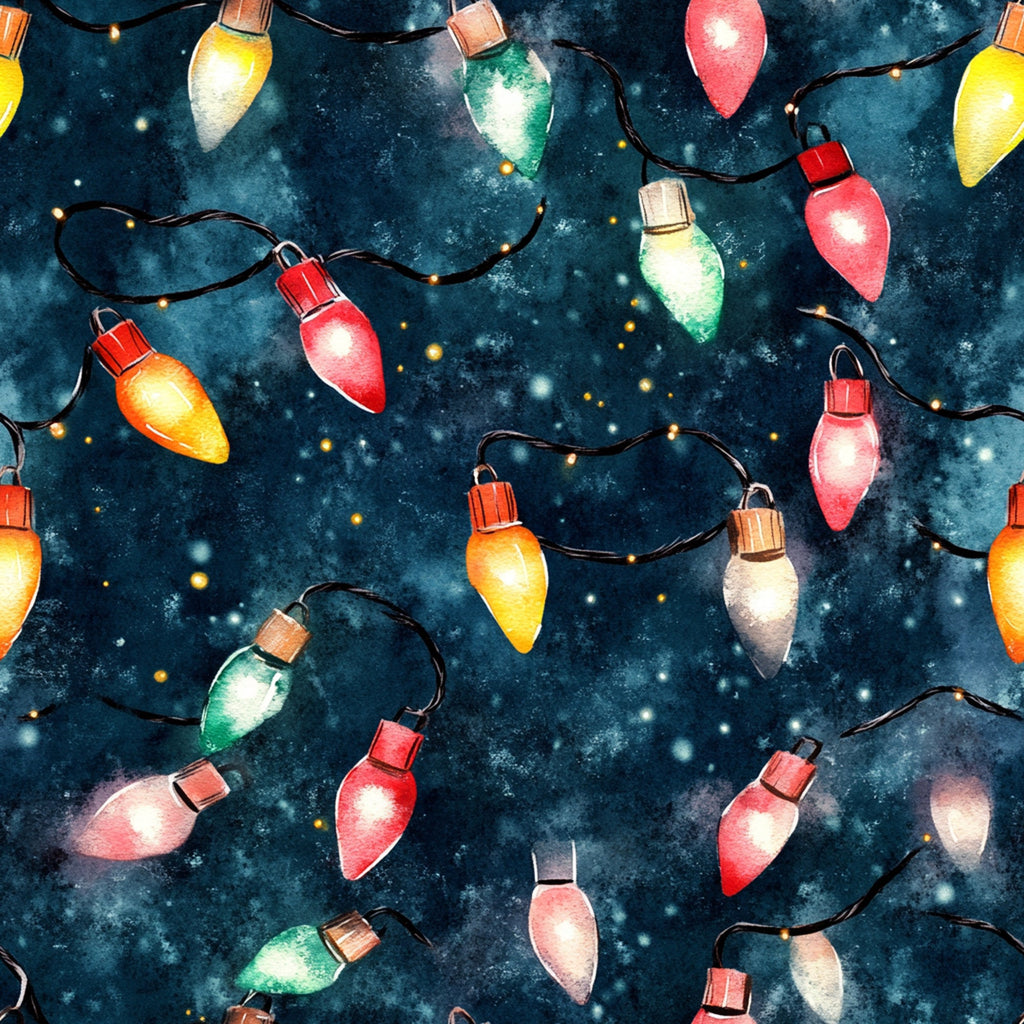 christmas lights, watercolor style, navy blue background, red bulbs, green bulbs, yellow bulbs, orange bulbs, white bulbs, starry night, black wires, festive pattern, holiday theme,, fabric panel, winter decor, illuminated bulbs, cosmic background, seasonal design, craft fabric, cotton fabric