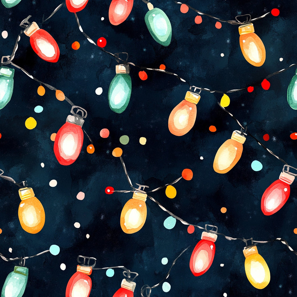 watercolor style, christmas lights, holiday pattern, red bulbs, green bulbs, orange bulbs, yellow bulbs, navy blue background, festive design, string lights,, fabric panel, winter theme, colorful dots, illuminated bulbs, christmas decor, seasonal pattern, bright colors, holiday crafting, cotton fabric