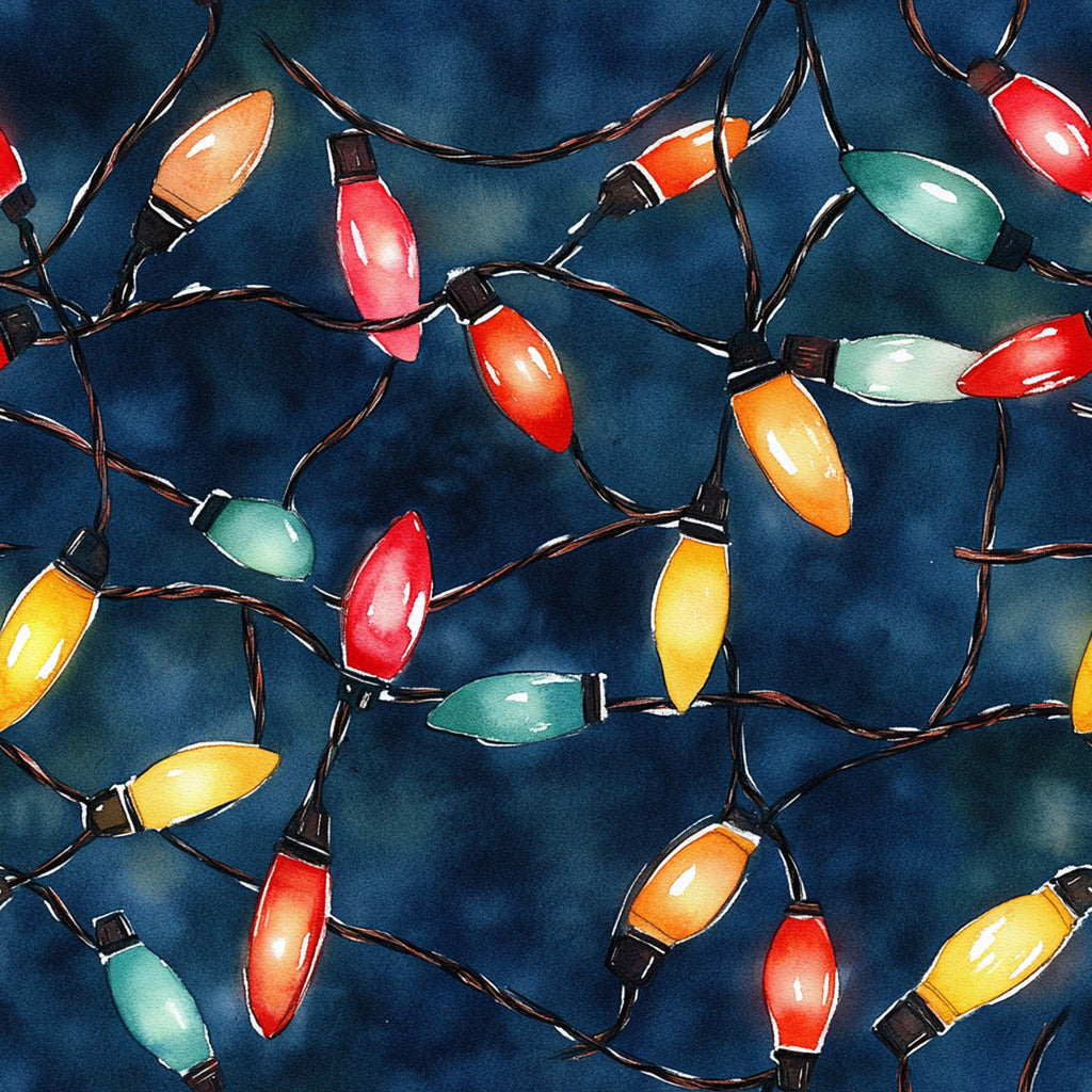 watercolor, christmas lights, holiday pattern, festive bulbs, red lights, green lights, yellow lights, orange lights, blue background, string lights,, fabric panel, holiday decorations, winter theme, colorful bulbs, painted style, seasonal fabric, christmas decor, artistic rendering, bright colors