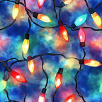 watercolor, christmas lights, holiday pattern, multicolored bulbs, red lights, yellow lights, green lights, blue lights, teal lights, purple lights, orange lights, black wires, festive design, winter theme, glowing effect,, fabric panel, seasonal motif, bright colors, whimsical style, holiday decor