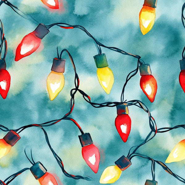 watercolor, christmas lights, holiday pattern, red bulbs, yellow bulbs, turquoise background, black wires, festive design,, fabric panel, holiday decor, string lights, glowing bulbs, seasonal fabric, craft material, soft watercolor style, holiday crafting, christmas fabric, light strands, decorative lights