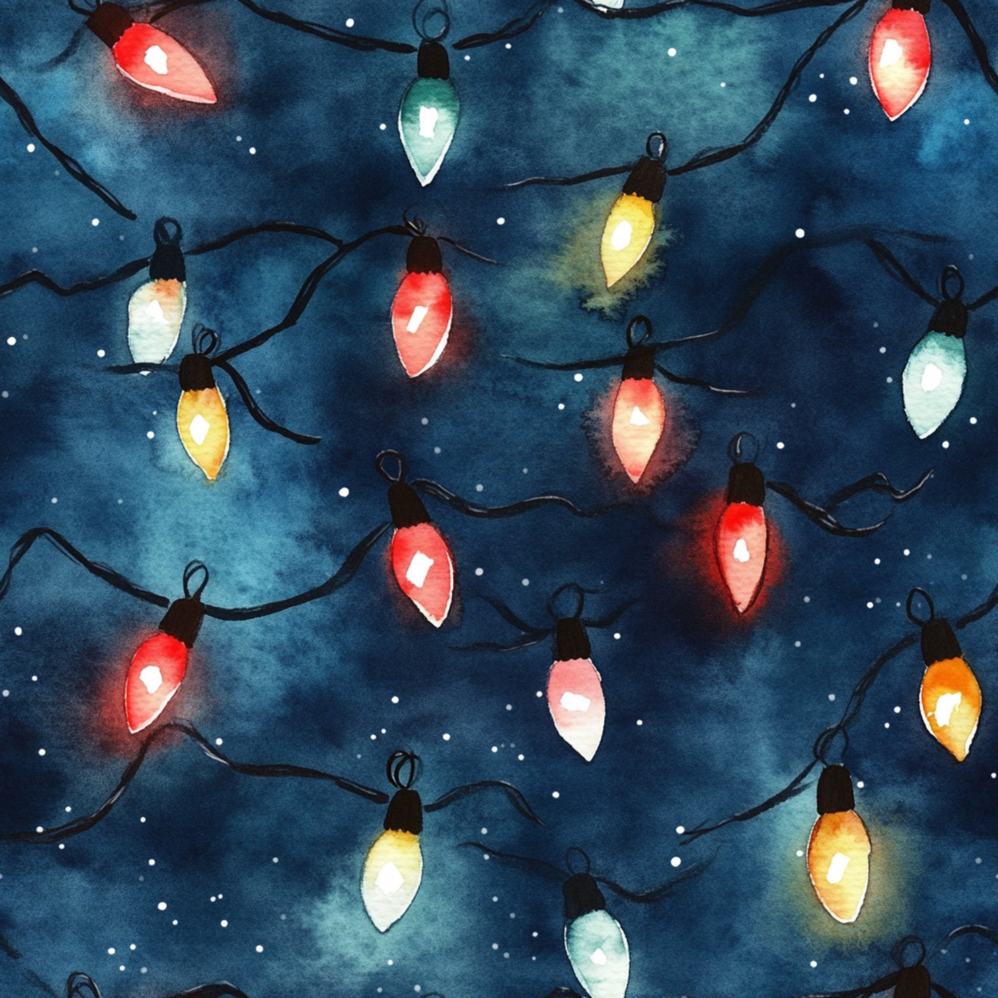 watercolor, christmas lights, holiday pattern, navy blue background, red bulbs, yellow bulbs, green bulbs, white bulbs, orange bulbs, glowing lights, black cords, starry night, festive design,, fabric panel, winter theme, holiday decor, luminous effect, scattered pattern, celebration motif