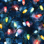 watercolor, christmas lights, holiday pattern, festive bulbs, navy blue background, multicolored lights, red bulbs, green bulbs, yellow bulbs, pink bulbs, blue bulbs, white bulbs, black wiring, string lights,, fabric panel, winter theme, holiday decor, painterly style, whimsical design, seasonal pattern