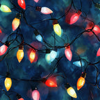 watercolor, christmas lights, holiday pattern, festive bulbs, colorful lights, red bulbs, yellow bulbs, blue bulbs, green bulbs, pink bulbs, string lights, dark blue background, glowing effect,, fabric panel, holiday decor, winter theme, cheerful mood, artistic style, luminous design