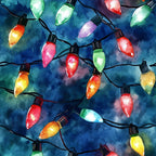 watercolor, christmas lights, holiday pattern, festive bulbs, colorful lights, red bulbs, green bulbs, yellow bulbs, blue bulbs, purple bulbs, orange bulbs, black wires,, fabric panel, winter theme, holiday decor, bright colors, string lights, christmas pattern, watercolor style