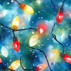 watercolor, christmas lights, holiday pattern, blue background, red bulbs, yellow bulbs, green bulbs, orange bulbs, starry night, festive lights, string lights, winter theme,, fabric panel, whimsical style, bokeh effect, snow dots, seasonal decor, craft fabric, holiday quilting