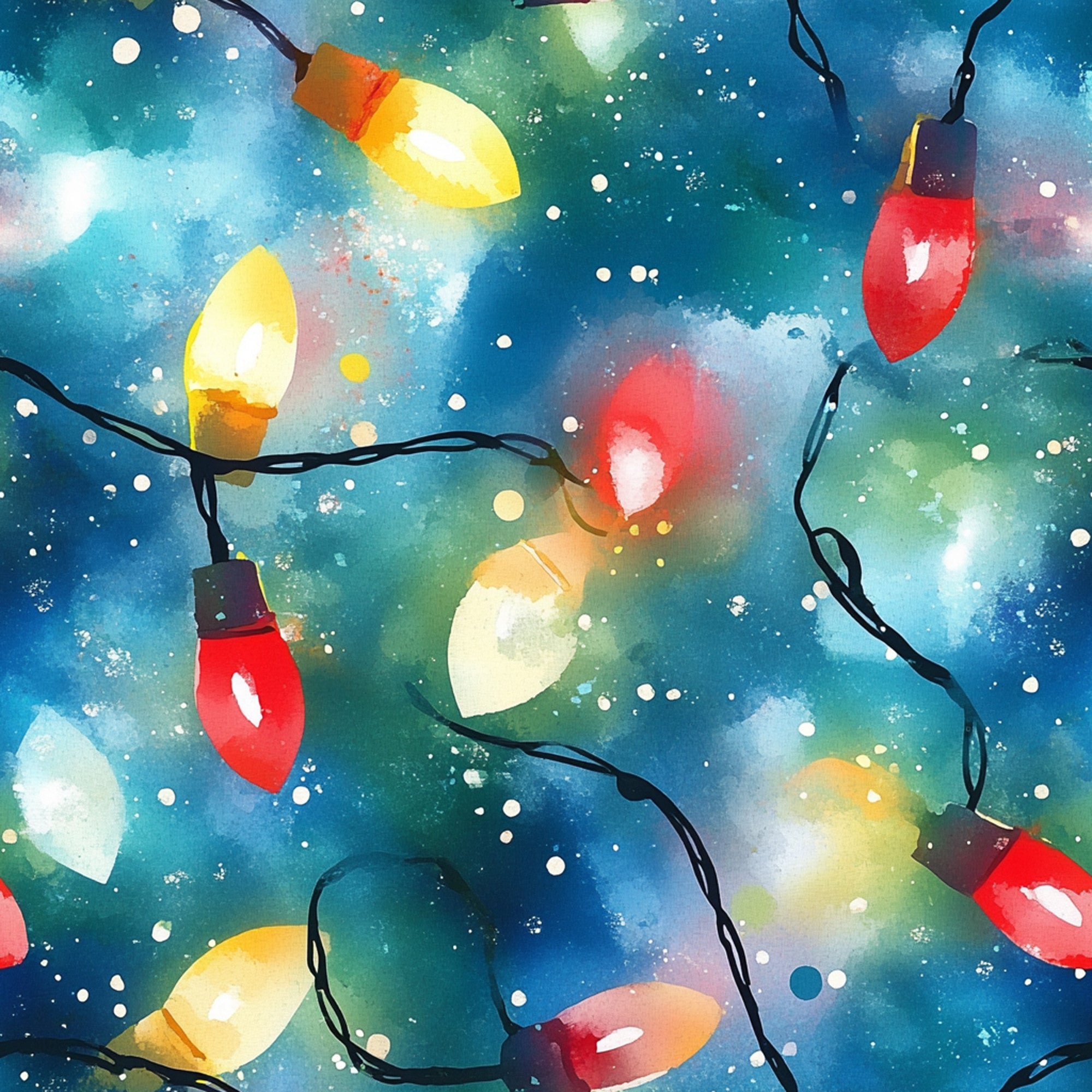 watercolor, christmas lights, holiday pattern, blue background, red bulbs, yellow bulbs, green bulbs, orange bulbs, starry night, festive lights, string lights, winter theme,, fabric panel, whimsical style, bokeh effect, snow dots, seasonal decor, craft fabric, holiday quilting