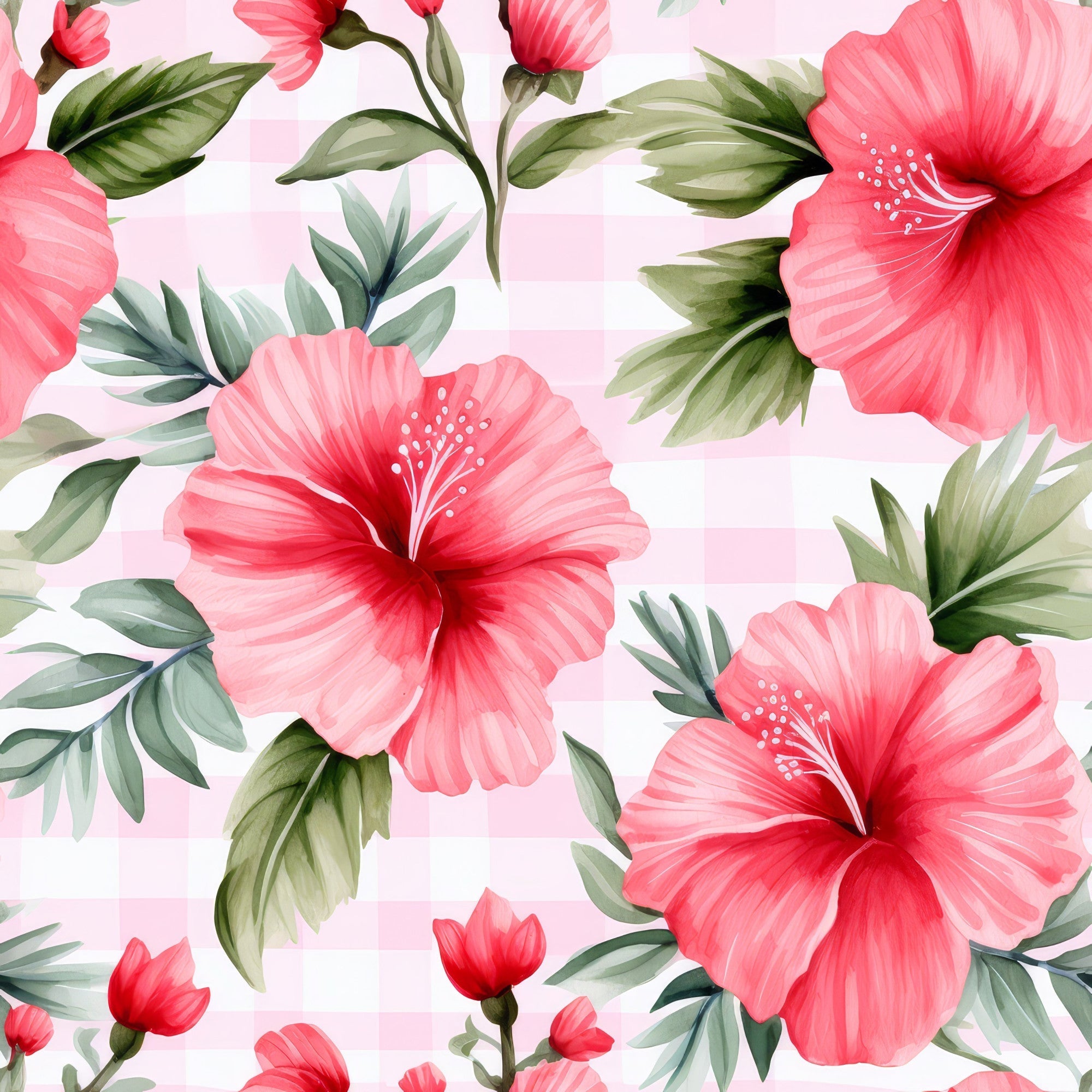 Watermelon Hibiscus Floral Gingham Pattern 1 Minky Fabric