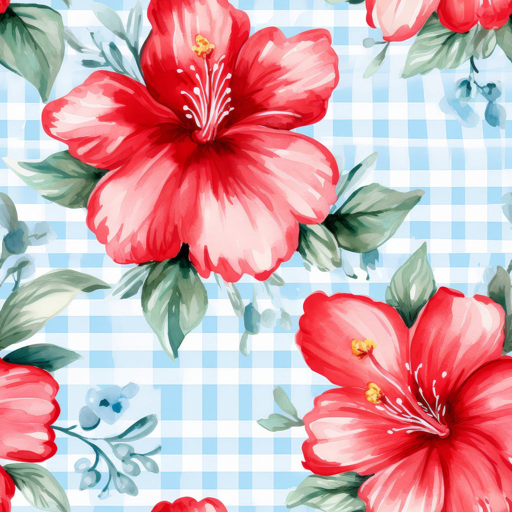 Watermelon Hibiscus Floral Gingham Pattern 11 Minky Fabric