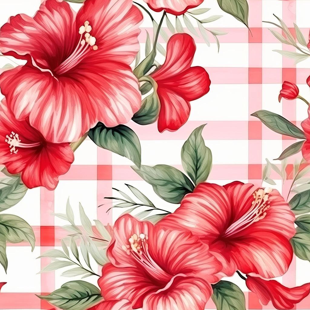 Watermelon Hibiscus Floral Gingham Pattern 12 Minky Fabric
