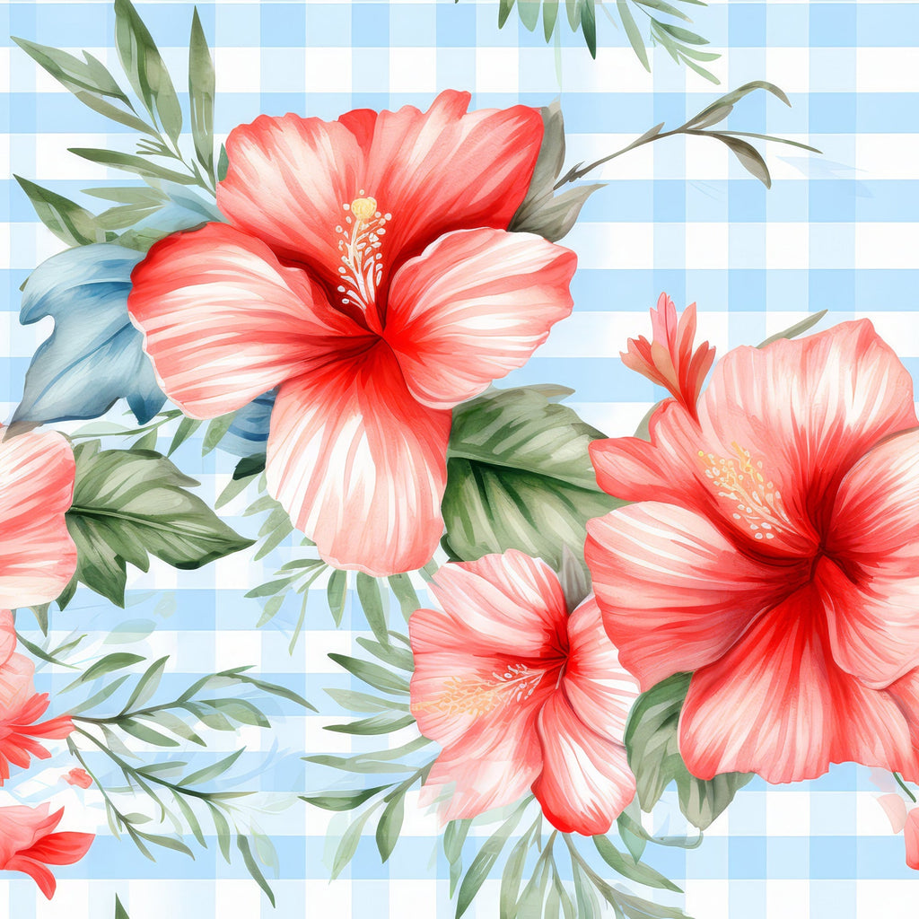 Watermelon Hibiscus Floral Gingham Pattern 2 Minky Fabric