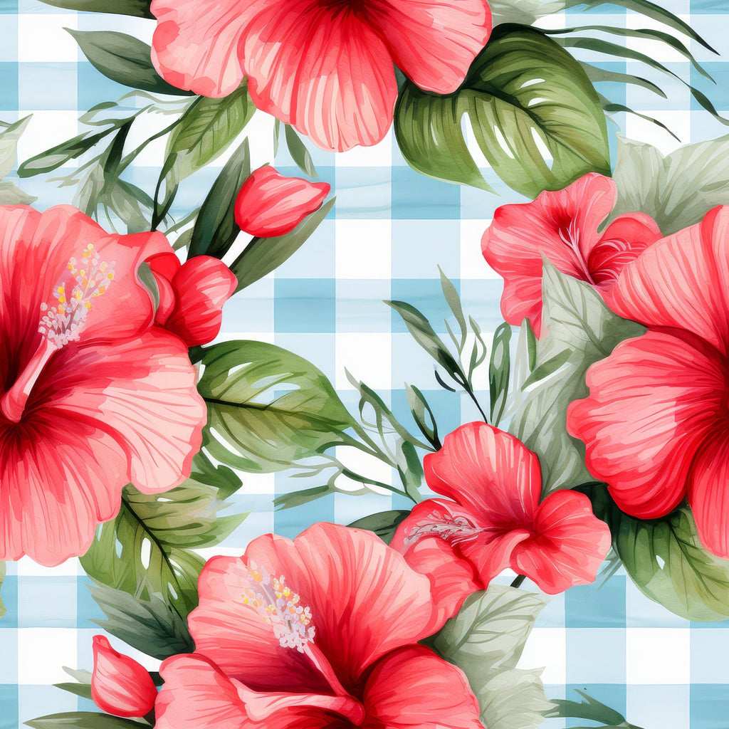 Watermelon Hibiscus Floral Gingham Pattern 5 Minky Fabric