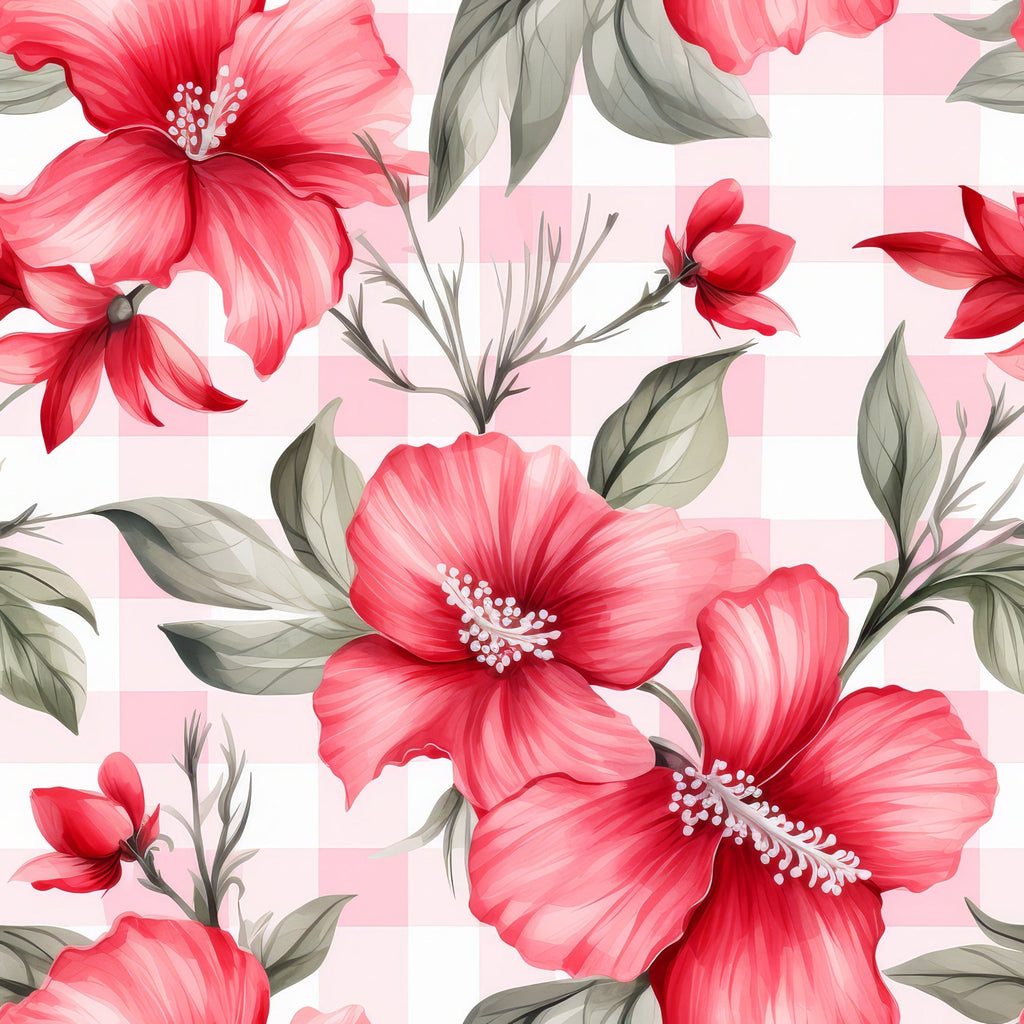Watermelon Hibiscus Floral Gingham Pattern 6 Minky Fabric