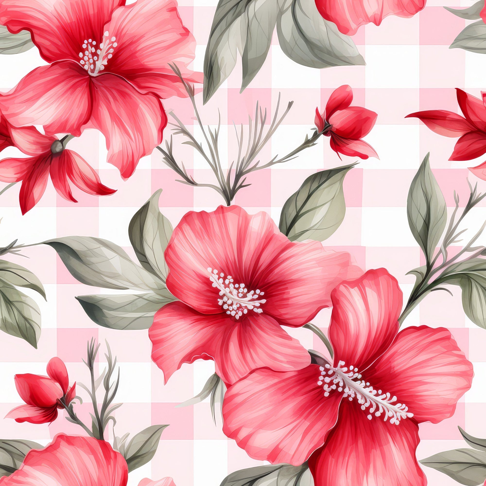 Watermelon Hibiscus Floral Gingham Pattern 6 Minky Fabric