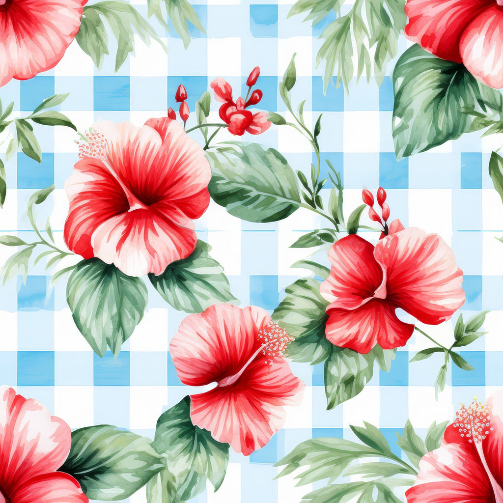 Watermelon Hibiscus Floral Gingham Pattern 7 Minky Fabric