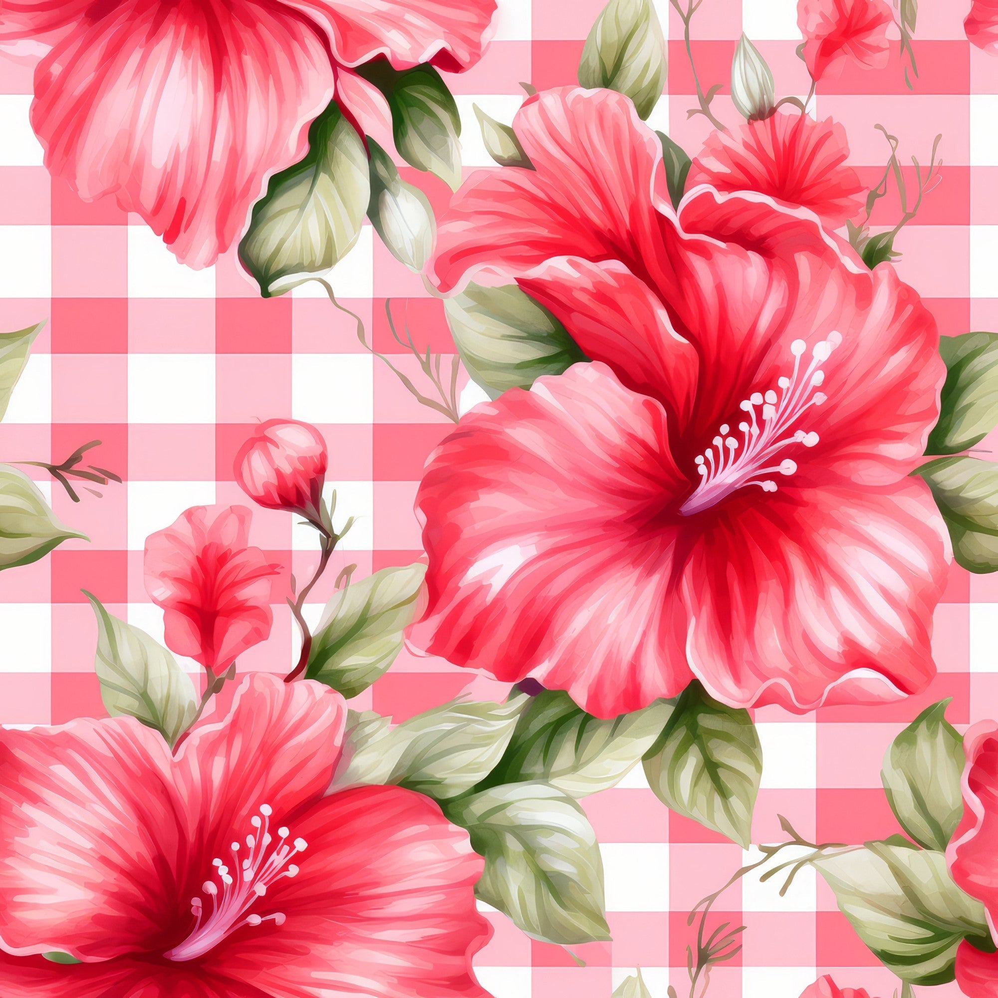 Watermelon Hibiscus Floral Gingham Pattern 8 Minky Fabric