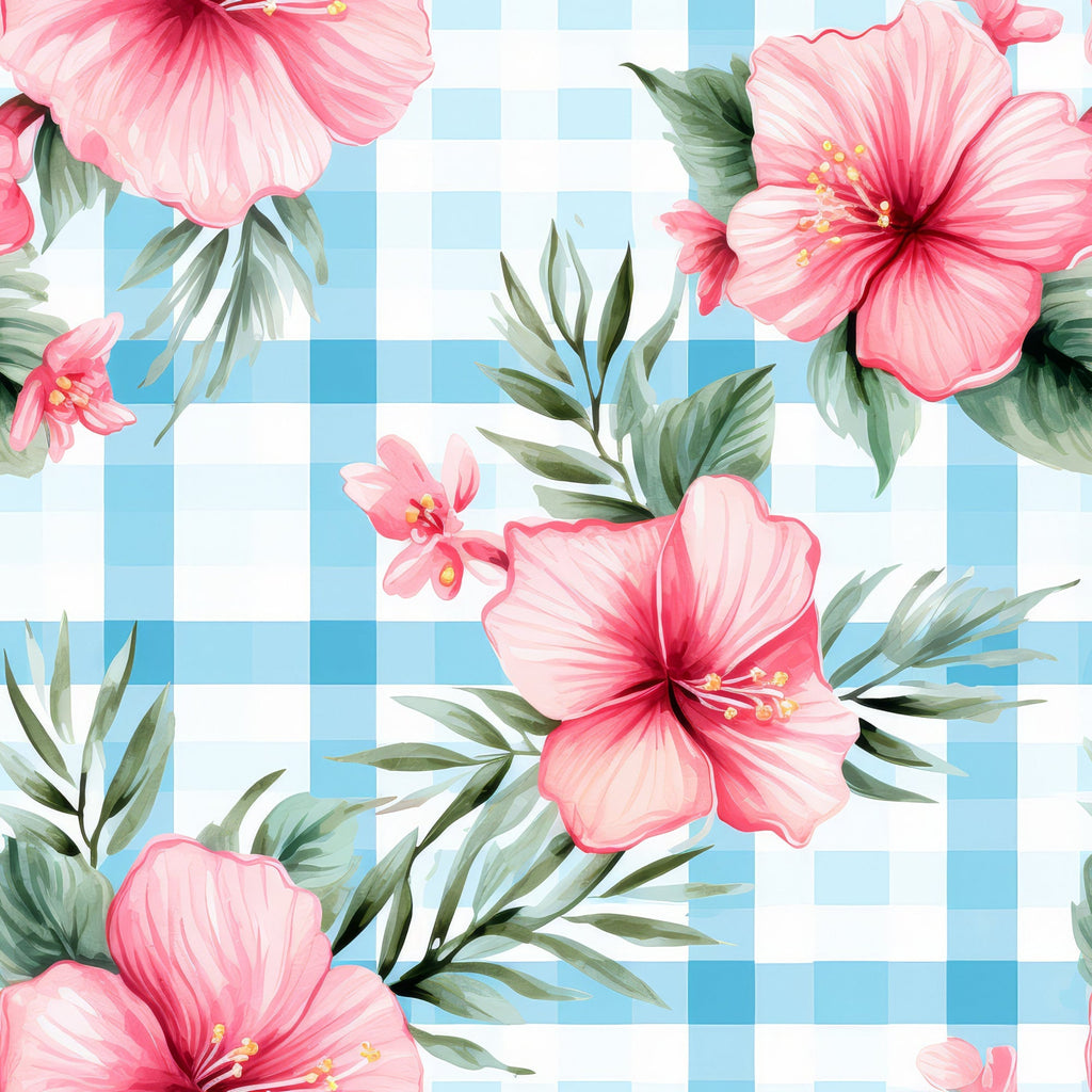 Watermelon Hibiscus Floral Gingham Pattern 9 Minky Fabric