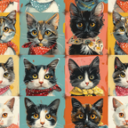 A grid of nine colorful cat illustrations, each adorned with a patterned bandana against different colored backgrounds.