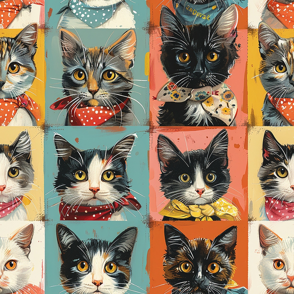 A grid of nine colorful cat illustrations, each adorned with a patterned bandana against different colored backgrounds.