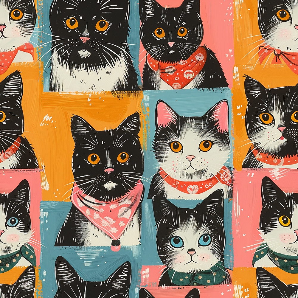 Illustrated pattern of cats with various expressions, wearing bandanas. Background is a patchwork of orange, pink, and blue squares.