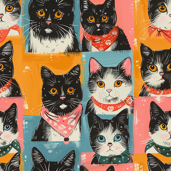 Illustrated pattern of cats with various expressions, wearing bandanas. Background is a patchwork of orange, pink, and blue squares.