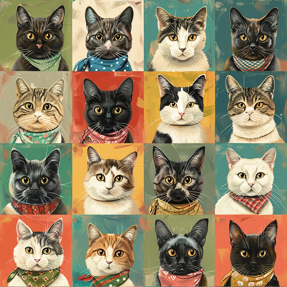 A grid of sixteen illustrated cats wearing colorful bandanas on various colored backgrounds.